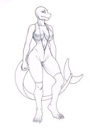 anthro autumm_airwave cameltoe cetacean clothing female looking_at_viewer mammal marine monochrome nipple_bulge orca pussy smile solo standing swimsuit tight_clothing whale wide_hips