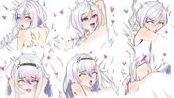 ahe_gao armpits bare_shoulders braid braided_ponytail commentary drooling ember_amane english_commentary female from_behind fucked_silly grey_hair hat head_tilt heart heart-shaped_pupils heiz_illust highres implied_nudity implied_orgasm implied_sex mature_female multicolored_hair multiple_expressions open_mouth orgasm phase_connect red_hat rolling_eyes saliva sex sexually_suggestive streaked_hair sweat symbol-shaped_pupils tongue tongue_out virtual_youtuber
