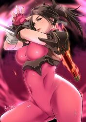 1girls 2025 2d 2d_(artwork) action_pose alternate_version_available armor artist_name aura blade brown_eyes brown_hair butcha-u curvy energy female female_only fingerless_gloves fully_clothed heroine human human_only light-skinned_female light_skin looking_at_viewer ninja ponytail sfw sheath shoulder_armor solo solo_female soul_calibur sword taki tight_clothing weapon