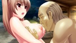 1boy age_difference areolae atelier_kaguya_honky-tonk_pumpkin ayabe_miyuki blush breast_sucking breasts edit female ijira_rental nude_female nude_male old_man older_man_and_teenage_girl onsen outdoors sakagami_umi straight