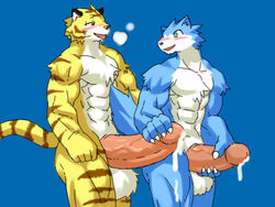 ahe_gao athletic bedroom_eyes biceps big_penis blue_eyes blue_fur blush blushing canine cum cum_on_leg cumming duo feline fog fur furry_tail glans hyper hyper_penis iabs kuroma looking_at_another looking_at_each_other male mammal muscular nails nude open_mouth orgasm orgasm_face panting penis precum smile stripes sweat sweatdrop tiger tongue tongue_out white_fur wide_hips yaoi yellow_fur