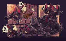 2025 anthro big_breasts biped black_latex breasts canid canine duo female fox fur hi_res kneeling kneeling_on_ground kurousagi_kemo latex leash leash_pull lock_bulge mammal muzzle_(object) muzzled restraints slim_anthro slim_female straitjacket white_body white_fur yellow_eyes