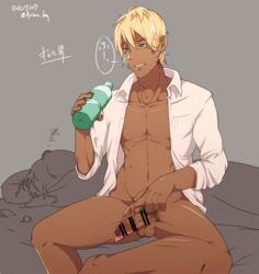 1boy arima_(arima_bn) bar_censor blonde_hair bottle brown_background condom condom_on_penis dark-skinned_male dark_skin dated gyaru-oh highres looking_down male male_only on_bed open_clothes open_shirt original penis shirt simple_background sitting sleeping sweat twitter_username water_bottle