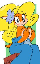 2016 anthro big_breasts blush box breasts coco_bandicoot covered_breasts covering crash_(series) female hands_over_breasts large_breasts looking_at_viewer naked_overalls overalls praiz solo topless