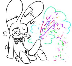 1boy anthro blush bow_tie breath confetti glitter lagomorph male male_only mammal mr._bun-bun orgasm penis plushie rabbit simple_background sitting solo the_weaver toybox_pals