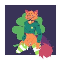 anthro bell bell_collar big_tail blush chastity_cage chastity_device clothing collar condom crop_top domestic_cat ears_up felid feline felis filled_condom fluffy fluffy_tail hi_res legwear li_mol male mammal open_mouth sexual_barrier_device shirt solo stockings tail topwear