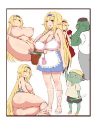 2boys absurdres anus ass basket blonde_hair blue_eyes bouquet breasts cleavage closed_eyes elf elf_female female flower hairband highres hu_sea huge_breasts inverted_nipples light-skinned_female light_skin long_hair male mother_and_son multiple_boys nipples one_eye_closed open_mouth orc orc_male pointy_ears pussy rose spread_legs spring_onion very_long_hair