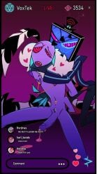 2boys anthro couple cum_drip cum_shot cumming dominant_male drooling exhibitionism gay gay_couple humiliation_fetish hypnosis hypnotic_eyes hypnotized_male hypnotized_parter live_chat live_stream moth praise purple_skin red_eyes smirking_at_viewer smug submissive_male valentino_(hazbin_hotel) vox_(hazbin_hotel) vulnerable yaoi