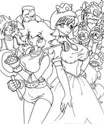 anthro black_and_white bowser clothes cloud_strife cosplay crossover empty_(artist) facial_hair female final_fantasy final_fantasy_vii frying_pan golf_club hair human koopa luigi male mario mario_(series) monochrome mustache nintendo princess_peach princess_peach_(cosplay) standing straight_hair tifa_lockhart tifa_lockhart_(cosplay) toad_(mario)