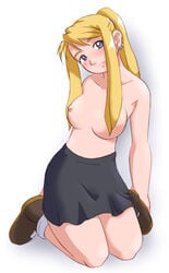 black_skirt blue_eyes breasts color dave_cheung ear_piercing earrings female female_only front_view fullmetal_alchemist human jewelry kneeling miniskirt piercing ponytail skirt solo tied_hair topless winry_rockbell