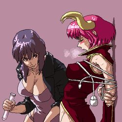 2girls blush bondage breast_bondage breasts cable china_dress chinese_clothes cleavage closed_eyes computer_mouse crossover female femdom ghost_in_the_shell ghost_in_the_shell_stand_alone_complex heavy_breathing horns kusanagi_motoko large_breasts lowres no_panties oekaki open_clothes open_jacket os-tan pink_hair purple_hair rakugaki_(artist) red_eyes short_hair sweat test_tube vis-tan_(windows) yuri