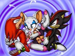 2001 anal anal_insertion anthro cum cum_on_breasts cum_on_face echidna exposed_torso female footwear fur group_sex handwear knuckles_the_echidna male mammal monotreme rouge_the_bat sega shadow_the_hedgehog sonic_(series) straight straight_hair tdk