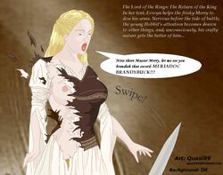 1girls clothing dialogue dress english_text eowyn female female_only lord_of_the_rings nipples quasi99 solo solo_female speech_bubble tagme text torn_clothes