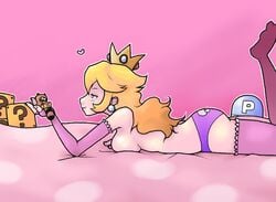 blonde_hair blue_eyes breasts crown doll elbow_gloves fingerless_gloves gloves heart long_hair lying mario mario_(series) momorodent naughty_face nintendo on_stomach panties princess_peach sideboob smile straight_hair super_mario_bros._3 tanooki_mario tanooki_suit thighhighs topless underwear