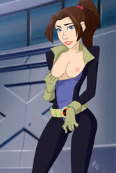 1girls 2007 belt blue_eyes breasts brown_hair female female_only gloves kitty_pryde mac_(artist) marvel marvel_comics nipples open_clothes parted_lips ponytail shadowcat smile solo standing straight_hair teenager tied_hair x-men x-men_evolution