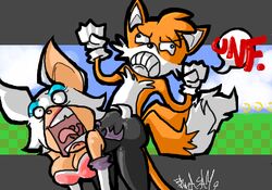 anthro bat cleavage clothes doggy_style female fox frown fur furry_tail interspecies male multi_tail nude open_mouth rouge_the_bat sega sex sonic_(series) speech_bubble straight straight_hair tail tails tails_the_fox text unf wings