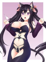 /\/\/\ :o animal_ears ariane_cevaille bare_shoulders black_hair breasts detached_sleeves female hair_ornament highres kerasu long_hair navel nipples open_mouth original original_character pointy_chin purple_background purple_eyes ricegnat simple_background solo tied_hair twintails very_long_hair