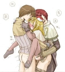 1girls acolyte acolyte_(ragnarok_online) anal anal_penetration blonde_hair blush closed_eyes double_penetration gloves lifted open_mouth pants_down ragnarok_online sandwiched standing_sex sweat swordman_(ragnarok_online) swordsman thief thief_(ragnarok_online) trembling vaginal_penetration