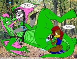 2002 anthro archie_comics braid canine chipmunk day dragon dragoness dulcy_the_dragon female fur interspecies lupe_the_wolf lying male mobian_(species) multiple_females on_side outdoors sally_acorn sega sitting size_difference sonic_(series) sonic_satam sonic_the_hedgehog_(archie) sonic_the_hedgehog_(comics) sonic_the_hedgehog_(series) spread_pussy straddle tail tails unbirthing vore what wolf