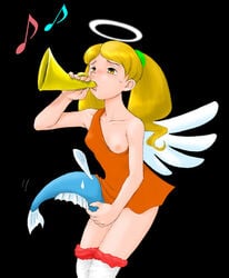 1girls angel angel_wings bemani black_background blonde_hair breasts crop_top dress fish halo konami nipples no_bra orange_dress poet pop'n_music simple_background sweat tagme twintails wings yellow_eyes