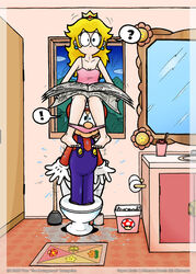 2d accidental_circumstance bathroom blonde_hair blue_eyes clothes color crown ear_piercing female first_post_of_artist front_view gameplay_mechanics gloves hair human humor indoors long_hair male mario mario_(series) mirror newspaper night nintendo not_porn open_eyes overalls panties piercing plunger princess_peach round_ears sitting speech_bubble standing straight_hair super_mario_bros. surprised thebourgyman toilet trash_bin water window