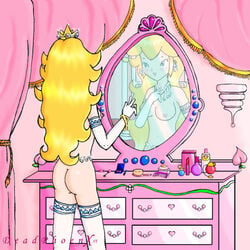 1girls ass back_view beige_skin blonde_hair bracelet breasts color crown deadphoenx female female_only hair human indoors jewelry long_hair makeup mario_(series) mirror necklace nintendo open_eyes princess_peach reflection solo standing straight_hair vanity