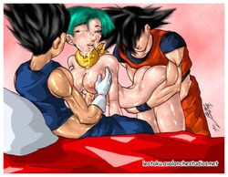 1girls 2006 2boys biceps bulma_briefs dragon_ball dragon_ball_z female goku human leotaku male muscles paizuri son_goku straight straight_hair swingers threesome vegeta