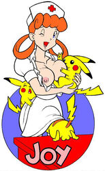 breasts clothes clothing color cunnilingus female feral fur human interspecies john_postma large_breasts male multiple_males nintendo nipples nurse nurse_joy oral_sex pikachu pokemon pokephilia sex size_difference tagme wink