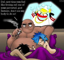 2d_(gorillaz) after_sex blue_hair del_(gorillaz) ghost gorillaz humon male male_only multiple_boys murdoc_niccals russel_hobbs yaoi