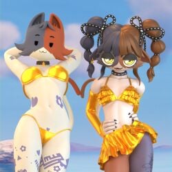 macu031 3d 2026 twitter_link golden_week golden_bikini bikini swimwear swim_skirt 2girls female female_only fortnite epic_games cate_meowdy_(fortnite) meowskulls hair yellow_eyes furry feline anthro furry_only furry_female spiked_collar collar painted_nails looking_at_viewer white_body white_fur cat_ears cat_tail thighs presenting