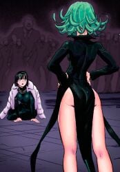 2girls ass bare_legs breasts curly_hair curvy from_behind fubuki_(one-punch_man) greyscale hands_on_own_hips hip_vent long_sleeves medium_hair monochrome multiple_girls murata_yuusuke no_panties official_art one-punch_man siblings sisters skin_tight small_breasts tatsumaki thighs wide_hips