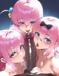 1boy 3girls ai_generated black_bow blue_eyes bocchi_the_rock! bow collaborative_fellatio cube_hair_ornament fujiwara_chika gotou_hitori interracial kaguya-sama_wa_kokurasetai_~tensai-tachi_no_renai_zunousen~ kawaii_dake_ja_nai_shikimori-san large_penis pink_hair shikimori_micchon teamwork thiccwithaq_(ai_style) triple_fellatio