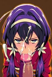 1boy 1girls ahoge ai_generated blue_eyes blue_hair blush brown_background bungo_stray_dogs bungou_stray_dogs cum cum_on_hair facial fellatio female fluffyhairenjoyer glaring hair_between_eyes hairband izumi_kyouka_(bungo_stray_dogs) japanese_clothes kimono long_hair low_twintails male novelai oral penis red_kimono simple_background uncensored white_hairband