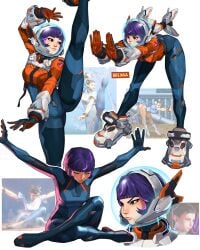 1girls artist_name blue_bodice blue_bodysuit blue_gloves bodysuit boots breikka brown_eyes capcom chun-li cyber_fashion female fishbowl_helmet flexible frown full_body gloves helmet jacket jet_boots jetpack juno_(overwatch) multicolored_hair multiple_views orange_gloves orange_jacket overwatch pink_hair purple_hair reference_inset short_hair space_helmet split standing standing_on_one_leg standing_split street_fighter street_fighter_6 stretching two-sided_gloves white_background white_boots