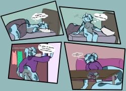 2_penises absurd_res anthro ass beans_(ovenbakedbeans) bed big_tail blue_body bodily_fluids booth bottomless bottomwear breasts closet clothed clothing colored comic dialogue diphallia diphallism embarrassed female furniture futanari genital_fluids genitals hair hi_res hoodie horn intersex leaking leaking_precum markings multi_genitalia multi_penis no_underwear ovenbakedbeans penis penis_under_skirt precum reptile scalie sitting skirt snake solo speech_bubble spots spotted_body tail thought_bubble tired topwear under_the_table waking_up whispering