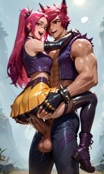 1boy 1girls ai_generated animal_ears big_breasts breasts cum cum_inside excited female huge_cock kpop_demon_hunters league_of_legends male mira_(kpop_demon_hunters) muscular muscular_male penis pink_hair red_hair sett smile standing_sex