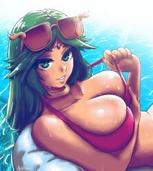 1girls akairiot bare_shoulders beach bikini bikini_top_only breasts choker circlet cleavage collar eyewear_on_head female female_focus female_only floating forehead_jewel glasses green_eyes green_hair highres jewelry kid_icarus kid_icarus_uprising large_breasts lens_flare lips long_hair looking_at_viewer lying lying_on_back matching_hair/eyes neck_ring nintendo on_back palutena parted_lips pool pool_float smile solo strap_gap strap_pull sunglasses sunlight sweat swimsuit tan tiara water wet