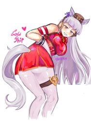 bandage belt big_ass big_breasts big_butt froiera gloves gold_ship_(pretty_derby) gold_ship_(umamusume) horse_girl purple_eyes red_clothing skinny skirt smile umamusume umamusume_pretty_derby white_background white_hair