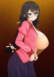absurdres blouse breasts cleavage closed_eyes closed_mouth collarbone female from_side gradient_background hair_ornament hairclip hanekawa_tsubasa highres large_breasts long_hair looking_at_viewer loose_clothes loose_shirt monogatari_(series) school_uniform see-through_clothes see-through_shirt shirt simple_background solo the_only_shoe white_shirt