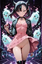 ai_generated arbitrary black_hair choker dress dress_lift ghost jacket marnie_(pokemon) nipples_visible_through_clothing pokeball pokemon pussy small_breasts