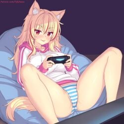 :p blonde_hair blush breasts cat_ears catgirl controller female game_controller highres jacket large_breasts long_sleeves lying multicolored_hair no_pants nottytiffy on_back original paid_reward_available panties patreon_username red_eyes red_hair smile solo spread_legs streaked_hair striped_panties tail thighs tiffy tiffynyaa tongue tongue_out underwear white_jacket
