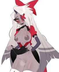 1_eye angel angel_girl big_breasts blush breasts eloehhl female female_only grey_body hazbin_hotel nipples open_mouth open_smile partially_clothed pussy simple_background smile solo standing sweat teeth thick_thighs vaggie_(hazbin_hotel) white_hair
