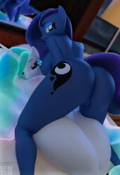 3d_(artwork) anthro ass big_breasts big_butt breasts digital_media_(artwork) duo equid equine female female/female friendship_is_magic genitals hasbro hi_res huge_breasts huge_butt looking_at_viewer my_little_pony mythological_creature mythological_equine mythology nipples nude princess_celestia_(mlp) princess_luna_(mlp) pussy smile symm unicorn vulva widescreen