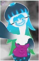 absurd_res aqua_hair areola_slip blue_hair breasts chromatic_aberration chubby chubby_female cleavage collarbone colored_skin covered_navel covered_nipples eyeshadow facing_viewer female glowing_hair gradient_hair green_hair grin hi_res highres long_hair makeup medium_breasts milf multicolored_hair mushroom_girl mushroom_humanoid naked_towel no_pupils oc outline rogue_(artist) saniyya_(rogue) self_upload selfie sharp_teeth smile solo teeth towel