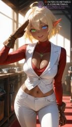 1girls :d ahoge ai_generated arm_at_side aura_bella_fiora blonde_hair blue_eyes blurry blurry_background blush breasts brown_gloves cleavage cleavage_cutout clothing_cutout cowboy_shot crop_top cropped_shirt dark-skinned_female dark_elf dark_skin elf gem gloves green_eyes hair_between_eyes hand_up heterochromia indoors jewelry large_breasts long_sleeves looking_at_viewer meitabuu midriff navel necklace open_mouth overlord_(maruyama) pants pointy_ears red_shirt salute shirt short_hair smile solo standing sunlight teeth upper_teeth_only vest white_pants white_vest window_shade