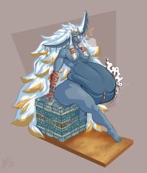 after_vore anthro awoogasm belly big_belly ear_piercing fur genitals grey_body grey_fur hair hi_res horn jewelry long_hair male mammal nails nintendo nude piercing rauru_(tears_of_the_kingdom) rumbling_stomach sitting solo sound_effects tears_of_the_kingdom the_legend_of_zelda thick_thighs vore voxelcubed white_hair zonai
