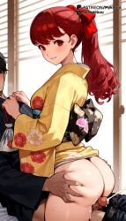 1boy ai_generated ass ass_grab atlus bag belt black_hair black_kimono black_panties blush bow breasts buttjob closed_mouth clothes_lift cowgirl_position cum deep_skin ejaculation erection female floral_print from_side grinding hair_ribbon hairbow indoors japanese_clothes kimono kimono_lift long_hair long_sleeves looking_at_viewer looking_back male mykibuu obi obijime panties pants pants_pull parted_lips penis persona persona_5 persona_5_royal ponytail print_kimono red_bow red_eyes red_hair red_ribbon ribbon sash sitting_on_person smile solo_focus straddling straight sumire_yoshiz sweat thigh_sex thighs thong uncensored underwear wide_sleeves yellow_kimono yoshiz_kasumi