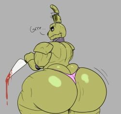 annoyed annoyed_expression ass big_ass five_nights_at_freddy's five_nights_at_freddy's_3 gaze_(artist) growing holding_object huge_ass knife male male_only muscles muscular muscular_male pink_panties springtrap springtrap_(fnaf) suit thick_ass thick_thighs thighs tight_clothing upset