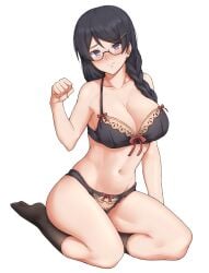 bakemonogatari bare_arms bare_shoulders black-framed_eyewear black_bra black_hair black_panties black_socks blush bra braid breasts cleavage closed_eyes collarbone female full_body glasses hair_ornament hair_over_shoulder hairclip hanekawa_tsubasa highres kneehighs large_breasts long_hair looking_at_viewer monogatari_(series) navel nose_blush panties paw_pose purple_eyes red_ribbon ribbon sarhce semi-rimless_eyewear simple_background single_braid sitting socks solo stomach swept_bangs under-rim_eyewear underwear white_background yokozuwari