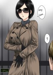 1boy 1girls ada_wong bad_id bad_pixiv_id black_gloves black_hair blush bob_cut brown_coat brown_hair capcom coat english_text female gameplay_mechanics gloves leon_s._kennedy leon_scott_kennedy looking_at_viewer male resident_evil resident_evil_2 resident_evil_2_(remake) scarf short_hair solo_focus speech_bubble trench_coat xter xtermination